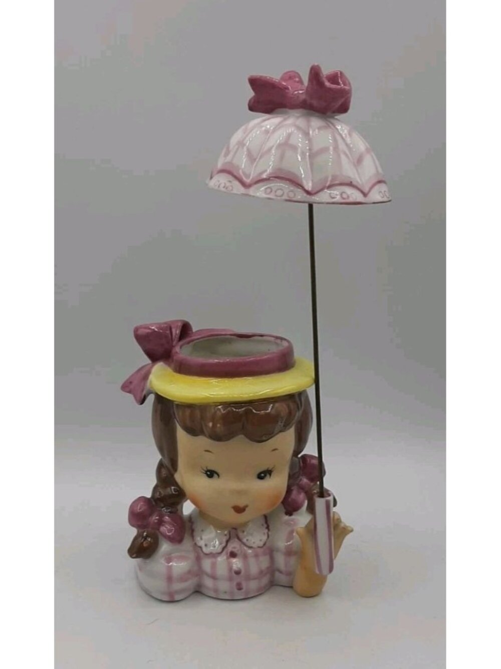 Vintage Napco Girl Head Vase Planter Pony Tails Purple Bows With Parasol